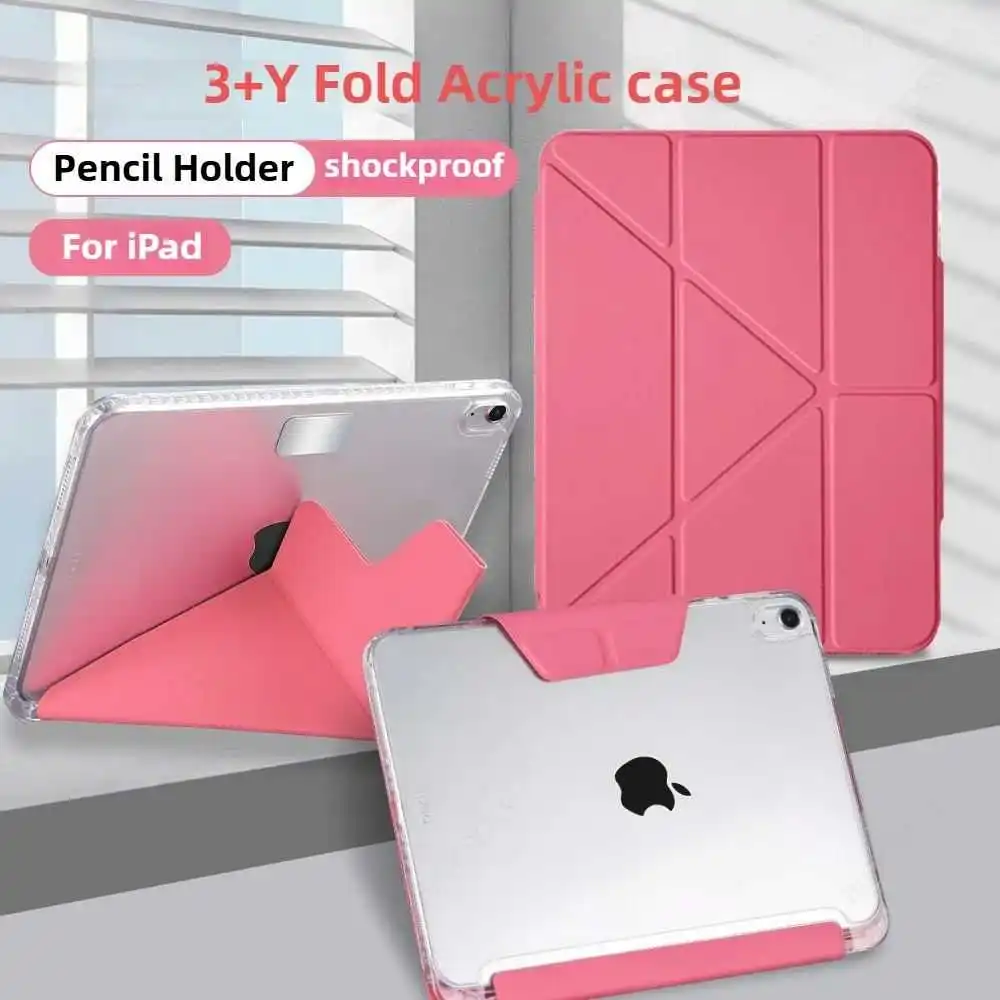 

For iPad A16 10 11 th Pro M5 New with Pen Holder Trifold Acrylic Clear Back Hard Cover For iPad 10.2 9.7 Air M3 11 5 4 10.9 Case