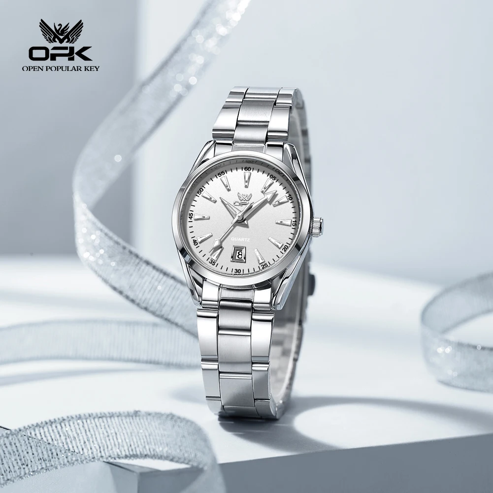 OPK 6088 Classic Round Original Quartz Movement Watch Premium Steel Strap HD Luminous Function 30m Waterproof Watch For Women