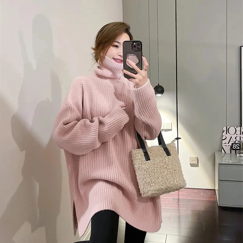 Korean Version Lazy Style Turtleneck Sweater Women's Autumn Winter Split Design Sense Pullover Solid Color Knit