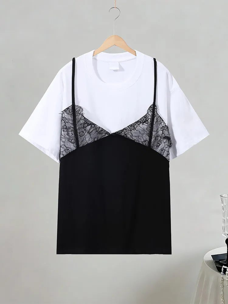 Spitzen-Patchwork T-Shirt mit Fake-Zweiteiler-Effekt für Damen, Eleganter Rundhalsausschnitt, Kurzarm, Locker Geschnittenes Oberteil, Frühlings-Chic, Neue Club- und Partykleidung – Detail 4