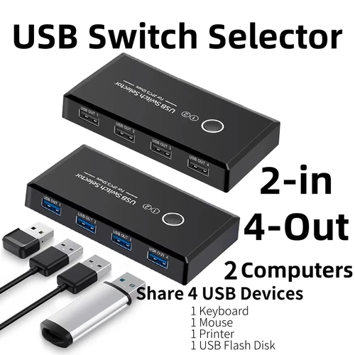 Imagen 2 del producto Conmutador selector de interruptor USB de 2 entradas y 4 salidas para PC, portátil, dos ordenadores que compiten un teclado/ratón/impresora/disco en U (cuatro dispositivos USB)