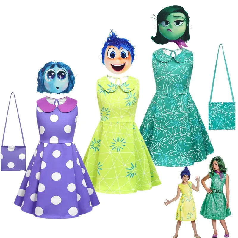 25COSMovie Inside Out Disgust تأثيري حلي حسد الفرح مستوحاة فستان قناع حقيبة أطفال هالوين عيد الميلاد حفلة مدرسية تأثيري كوس