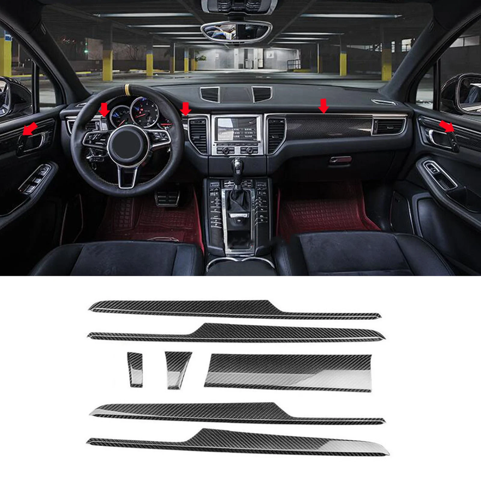 

Carbon Fiber Steering Wheel Navigation Center Console Trim Door Dashboard Panel Sticker Frame Strip For Porsche Macan 2015-2018