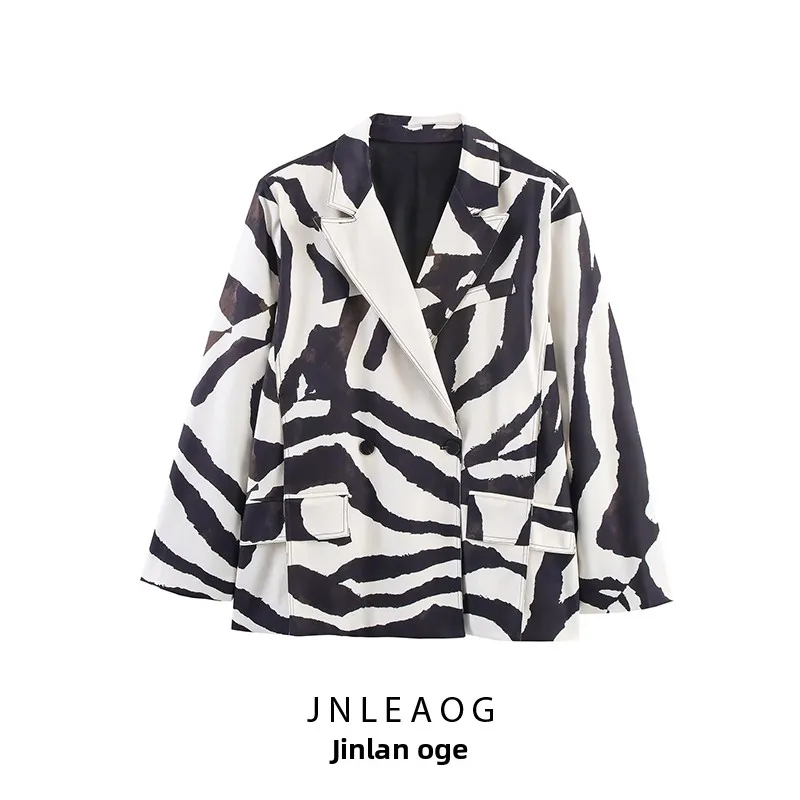

Faionable Animal Print Suit Jaet for Women Autumn New Arrival JNLEAOG Long Sve Double Breasted Busin Wear Polyester