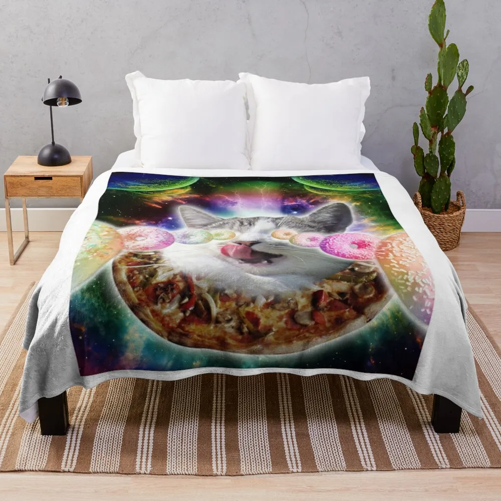 

Funny Space Pizza Cat With Rainbow Laser Donut Eyes Throw Blanket Cute Bed linens Blankets