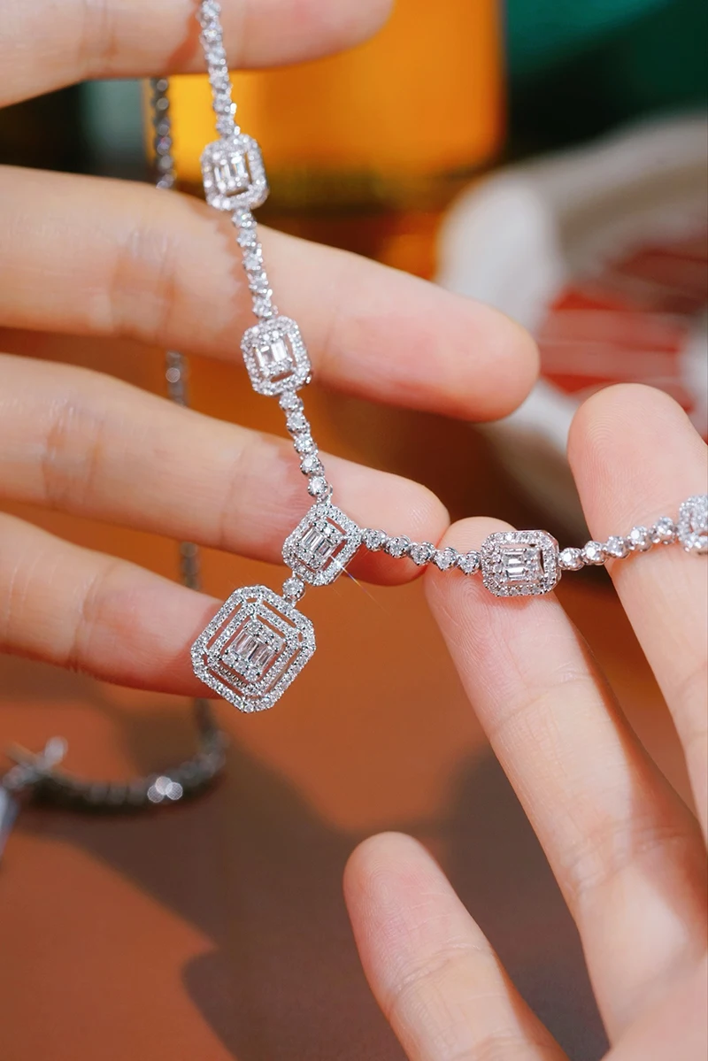 KUGG 100% 18K White Gold Necklace Luxury Elegant Style 3.80carat Real Natural Diamond Necklace for Women High Party Jewelry