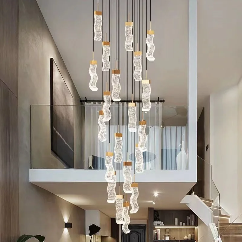 Crystal staircase pendant light, new postmodern minimalist villa, high-rise, duplex, spiral staircase long pendant light