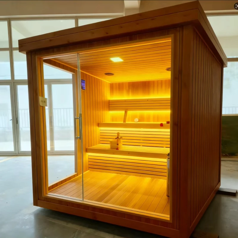 Customized Wooden Modern Outdoor Steam Sauna Room Luxury Home Spa Cabin with Electric Heater and Panoramic Glass Door