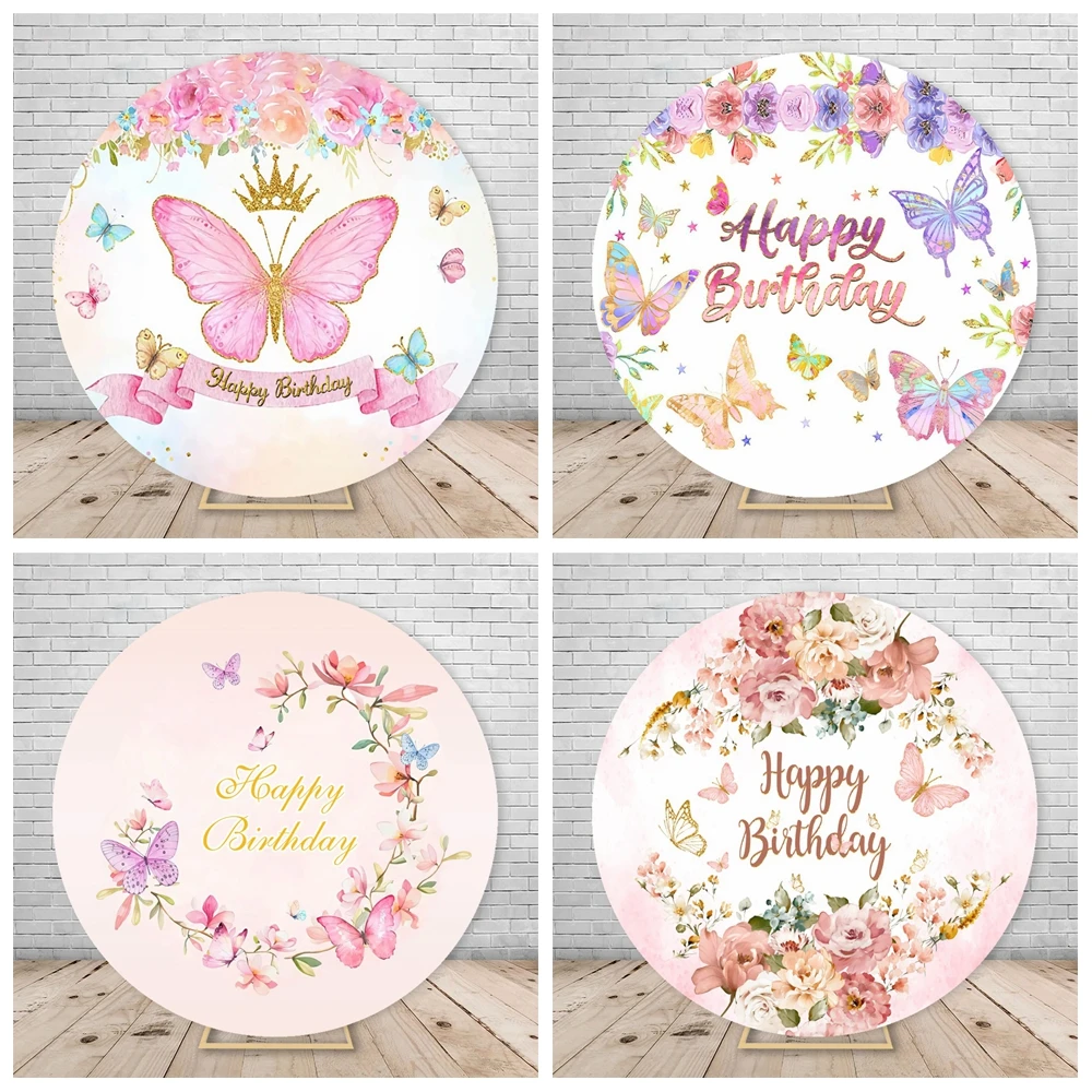 

Girl's Birthday Round Backdrop Cover Butterfly Flowers Party Decor Baby Shower Photography Backgrounds For Photo Studio