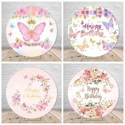 Girl's Birthday Round Backdrop Cover Butterfly Flowers Party Decor Baby Shower Photography Backgrounds For Photo Studio