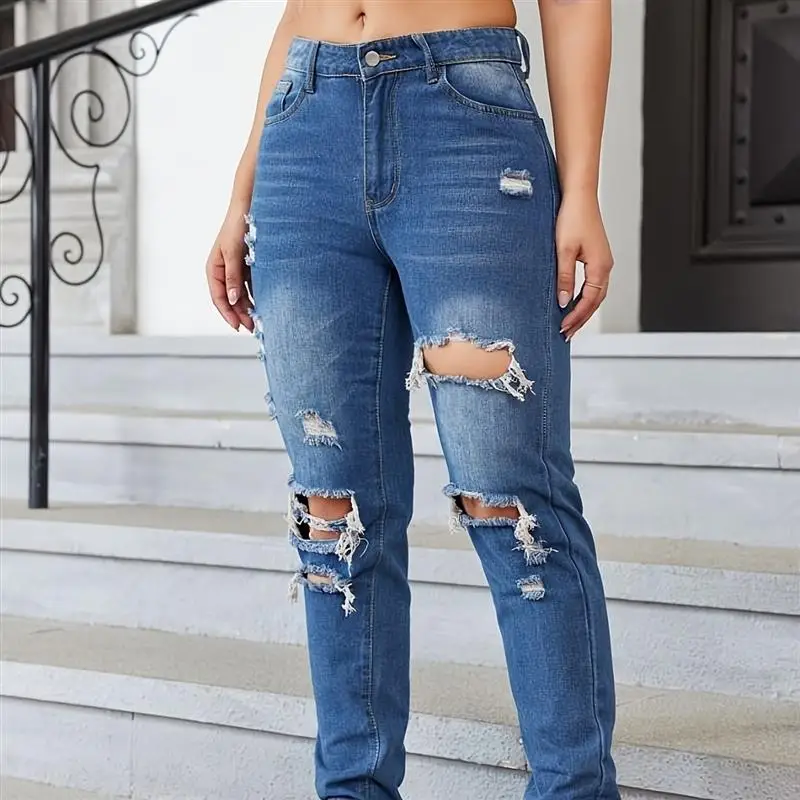 Casual Waed rasgado pierna recta Street Sle pantalones vaqueros no potenciadores pantalones largos azules para mujer colección de invierno