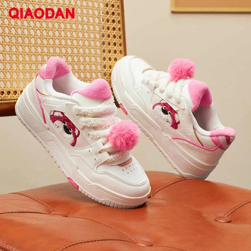 

QIAODAN Raspberry Bear Thick-soled Sneakers Student Women's 2024 Autumn New Trend White Shoes, Women's Pink Sneaker QXL052244008