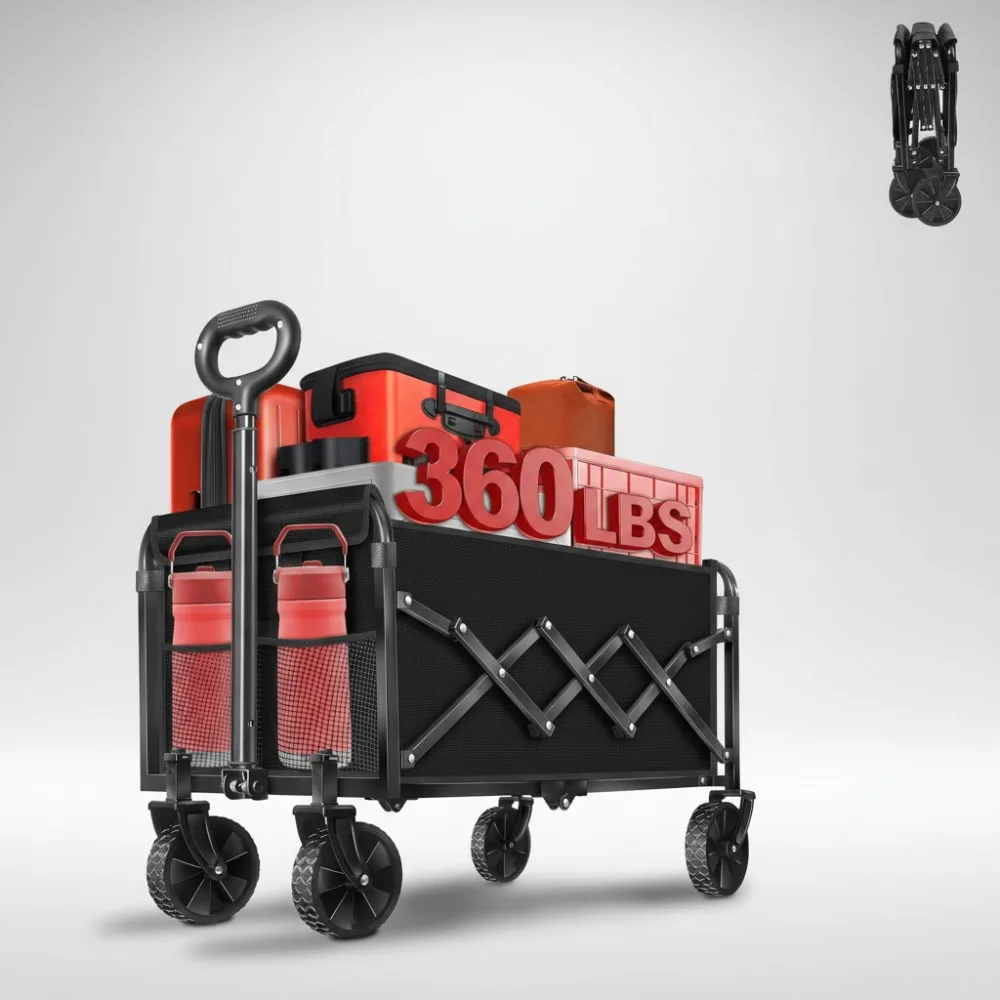 

Foldable Wagon Cart, 360 Lbs Capacity, Lightweight Portable for Camping Shopping Travel Gardening with Drink Holders