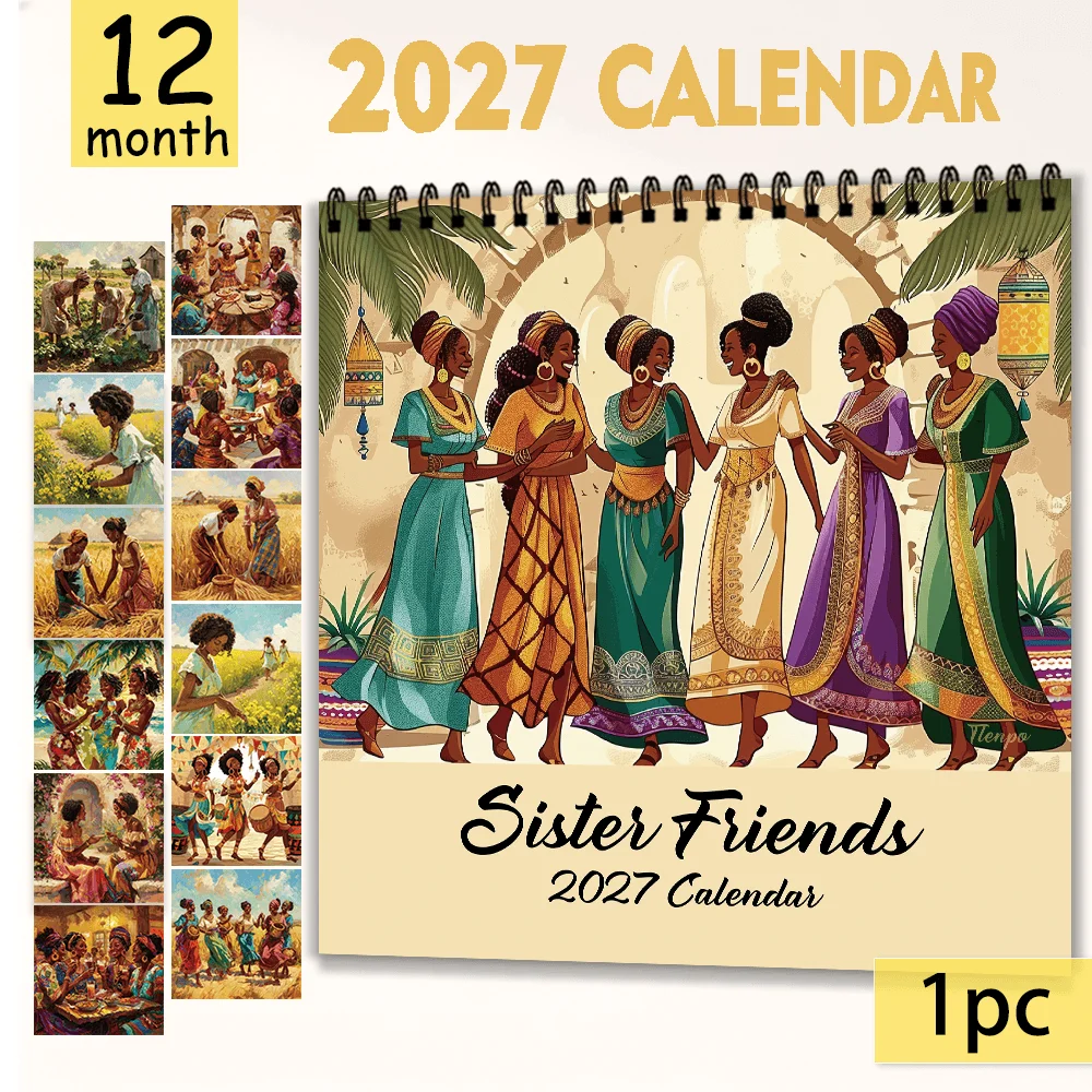 1pc 2027 African Sisterhood Wall Calendar,12‑Month Planner,Gift For Back‑to‑School,Christmas,,New Year,Free Stickers Included