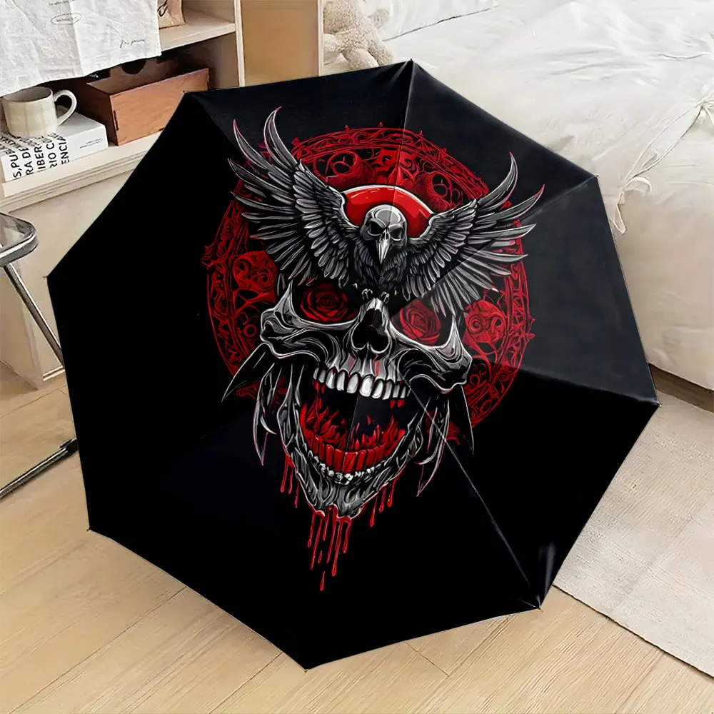 1PC "Stylish Skull Umbrella with Gothic Black and Red Design" Print 8 Iron Ribs Folding Umbrella Auto-Open Fashion Sunshade