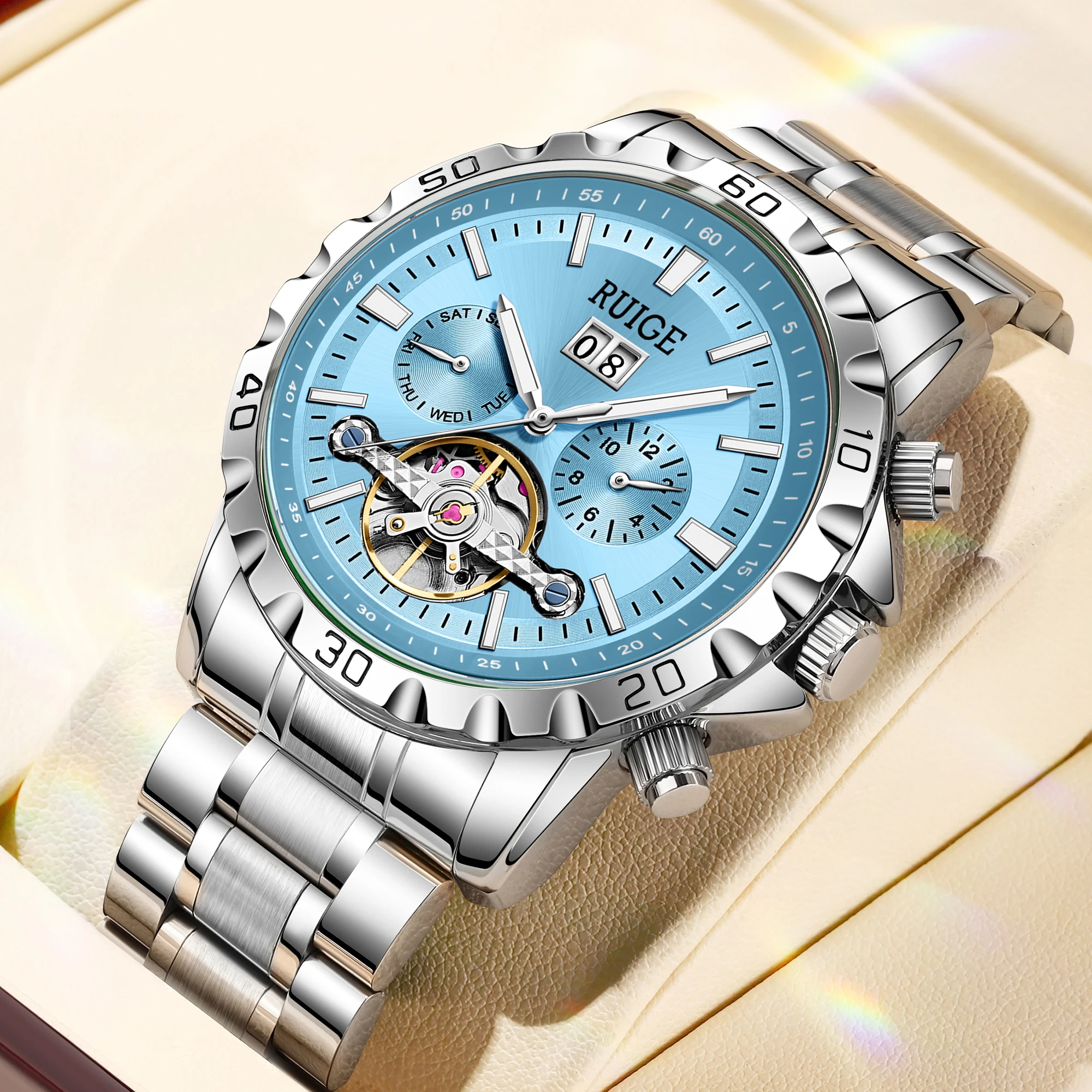 RUIGE Modische Trend-Herrenuhr mit Drei-Zifferblatt-Sechs-Zeiger-Edelstahlarmband, Automatische Mechanische Uhr – Detail 11