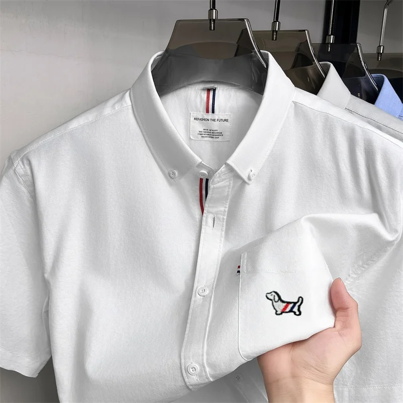 High-End 100% Baumwolle Kurzarm Shirt Männer Sommer Designer Marke Neue Streifen Mode Süße Welpen Stickerei Gelegenheits-Luxus-Tops