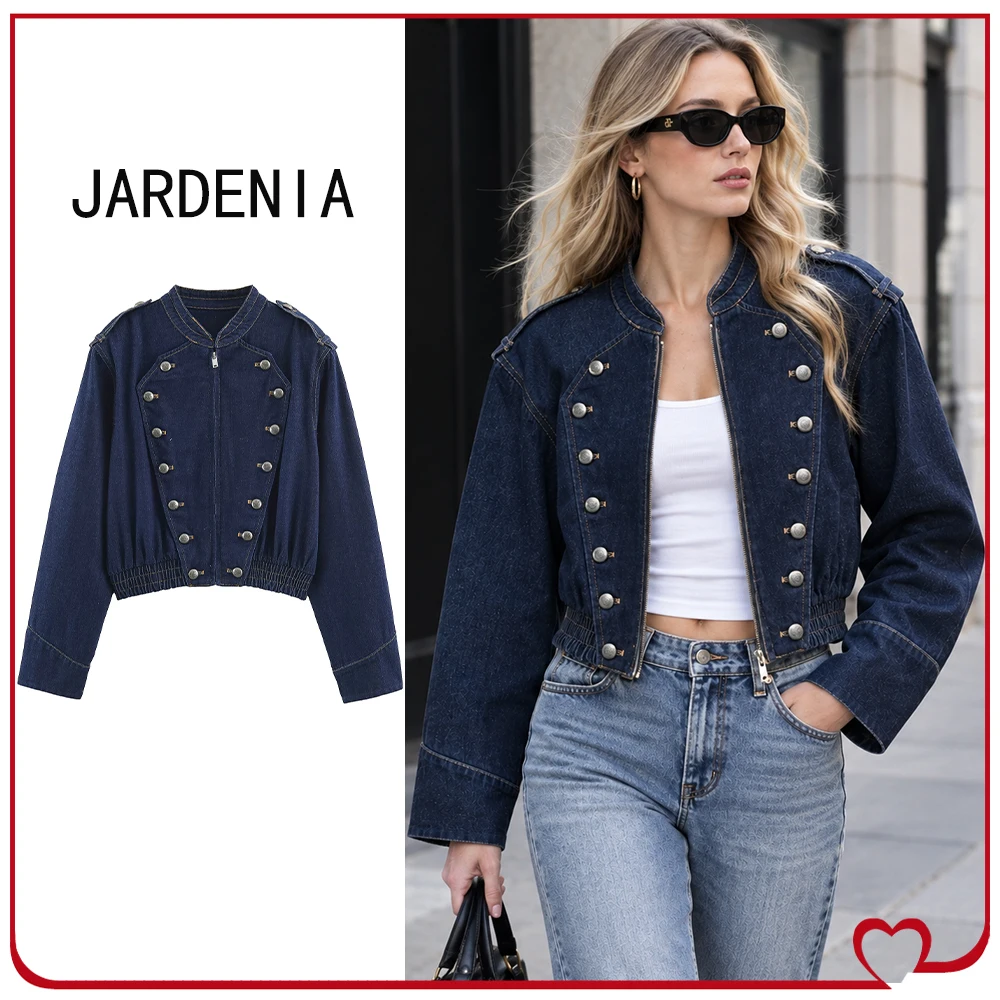 Stylish Women's Button Denim Jacket with Elasticized Hem Dark Indigo Cowgirls Zippered Jacket Crew Neck Jacket with Shoulder Pad