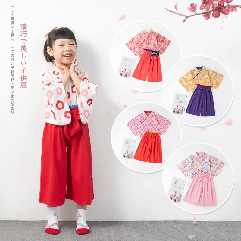 2 3 4 5 6 Years Girls Clothes Set Kimono Spring Autumn Long Sleeve Baby Jumpsuit Japanese Style Red Floral Bowknot Print Romper