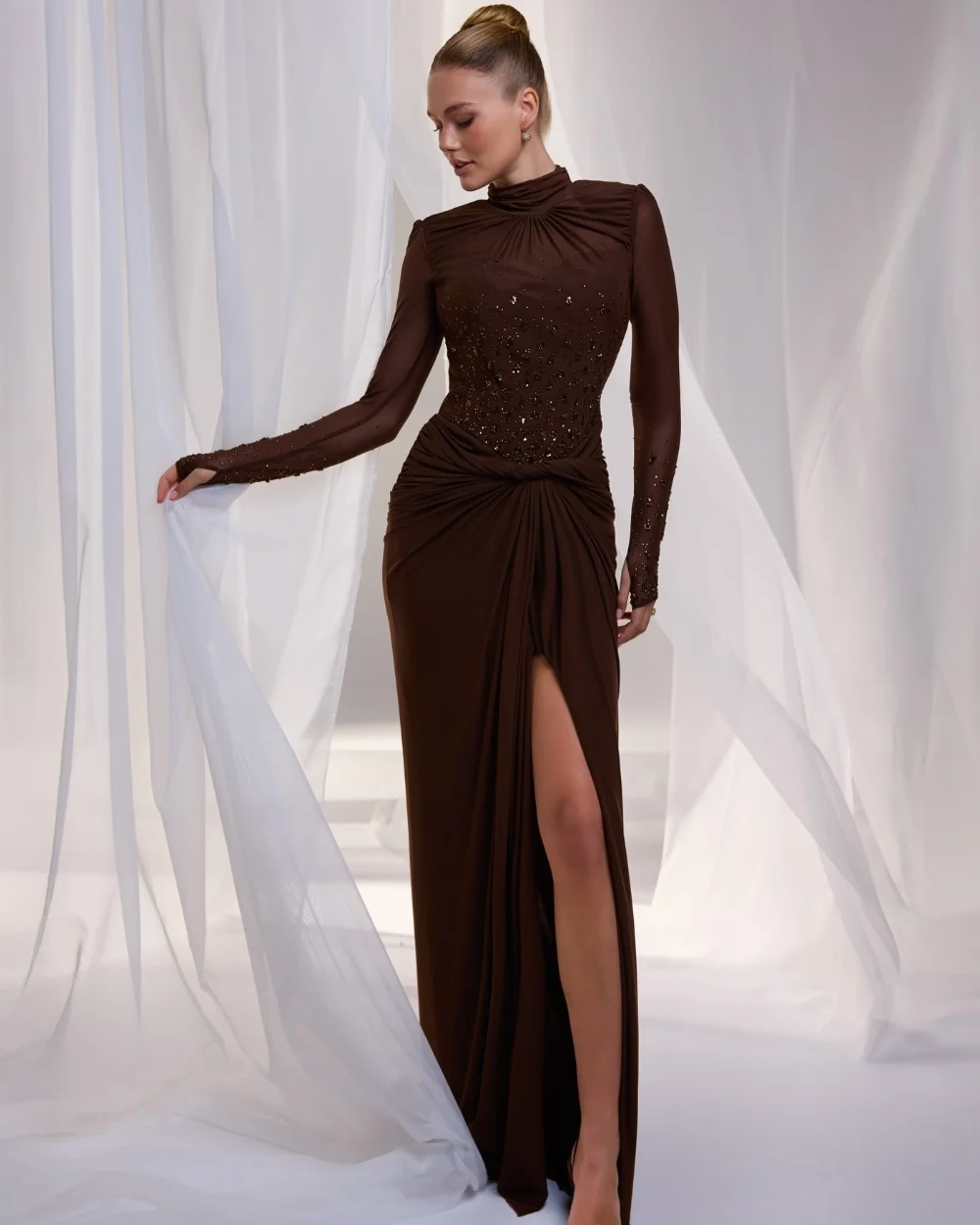 Customized Chocolate Luxury Charming Chiffon Beading Sequined Draped A-line High Collar Long Dresses Evening Dresses
