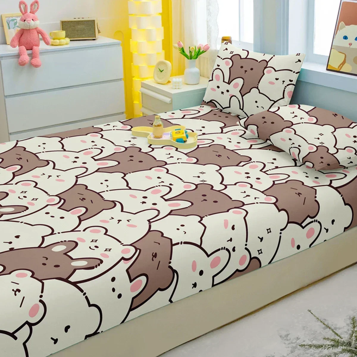 3-piece cartoon fun bear pattern matte three piece fitted sheet set, bedroom printed bed cover set, bedding