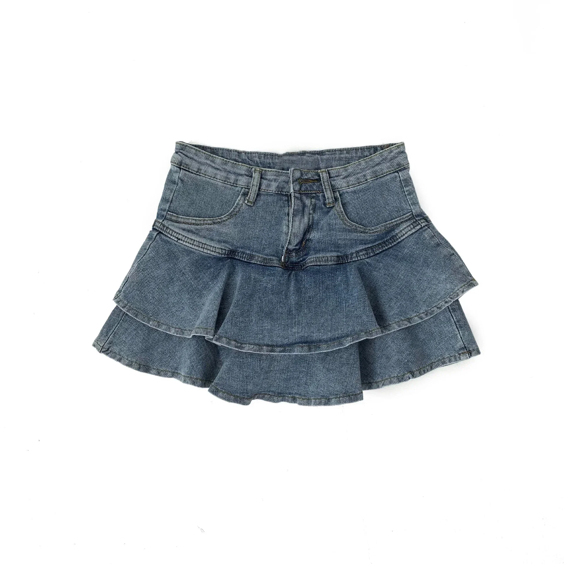 Frühling Sommer doppellagiger gekräuselter Denim-Kurzrock vielseitiger Kuchenrock hohe Taille schlankmachender, blendfreier, ultrakurzer Rock