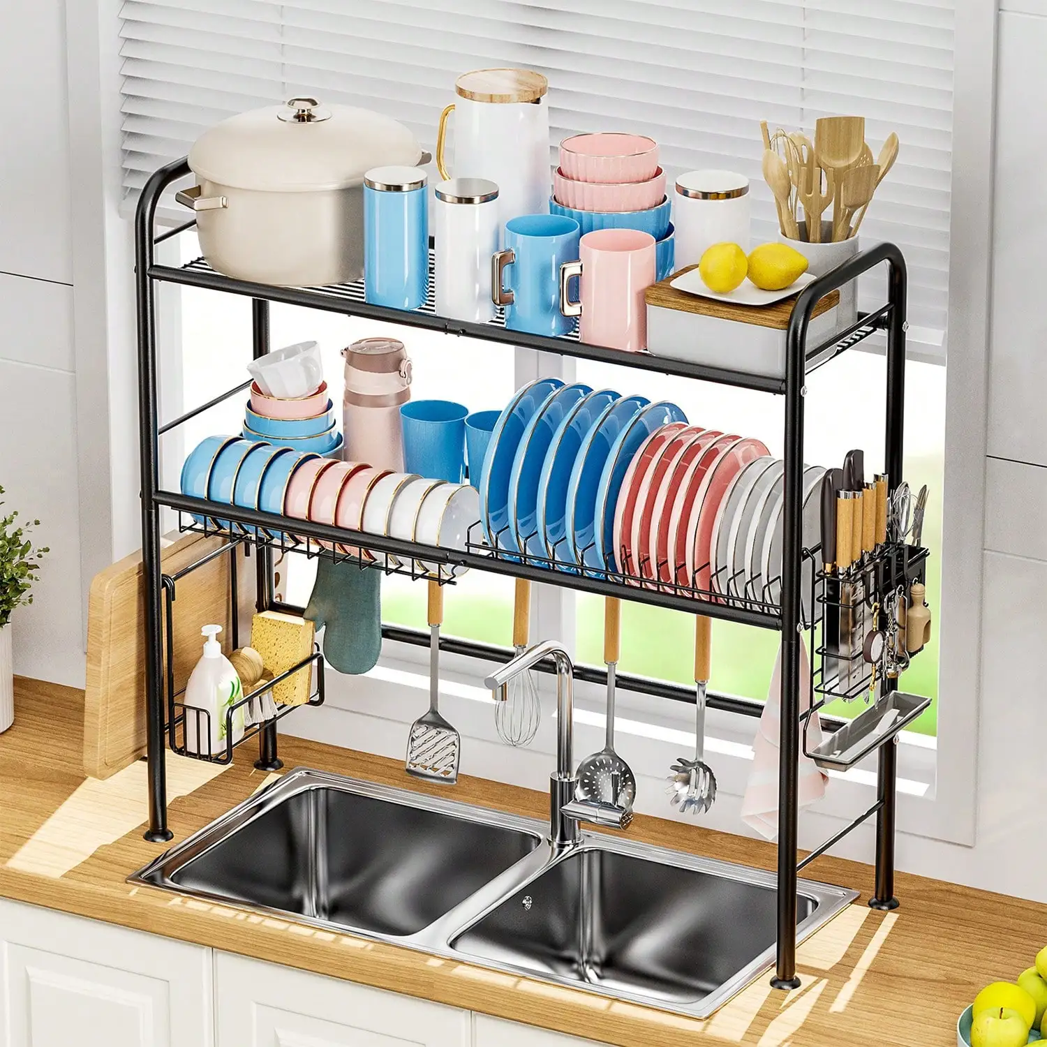 

2 Tier Over The Sink Dish Drying Rack,Large Dish organizer Racks for Kitchen Counter,with Utensil Holder and Cutting Holder