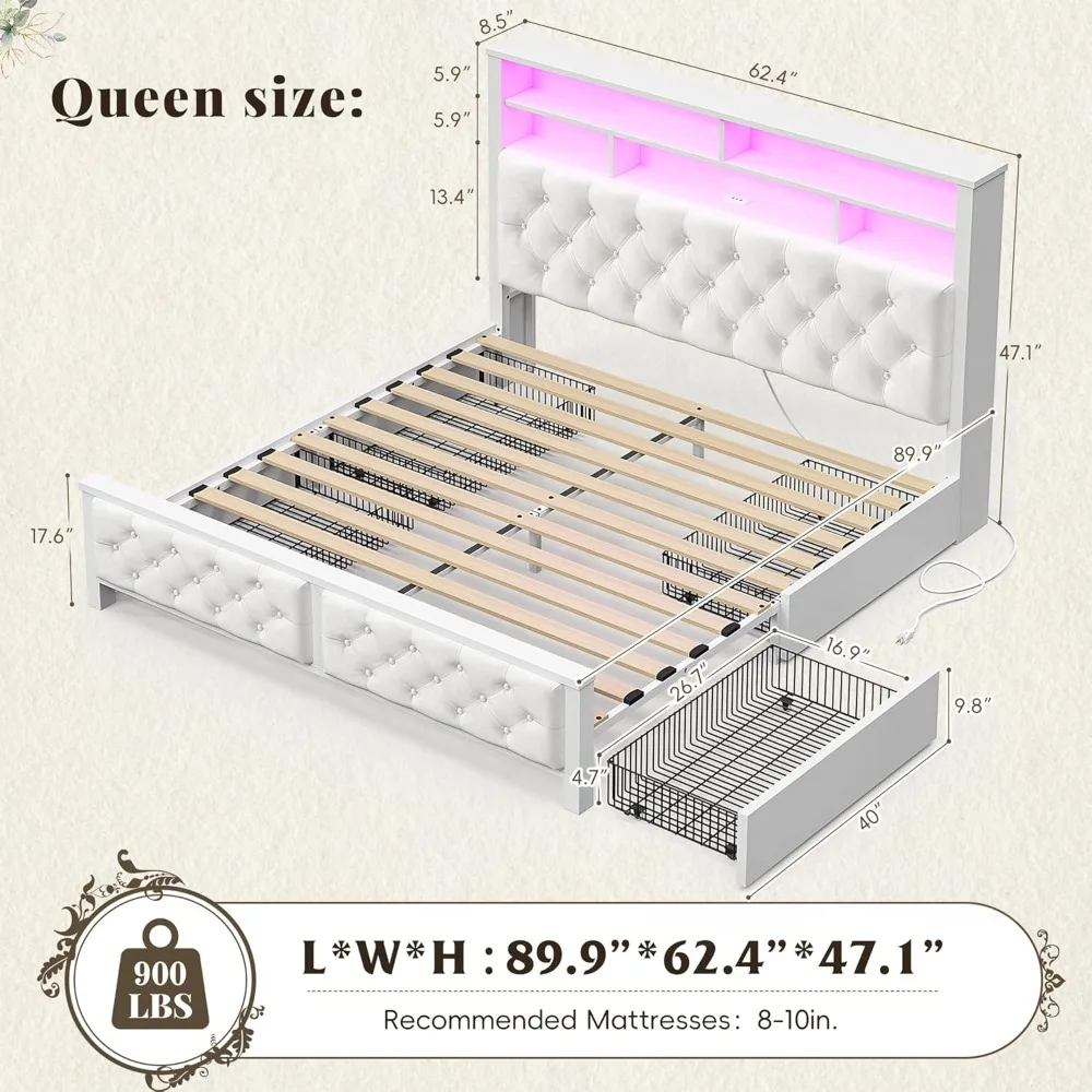 إطار سرير خشبي بحجم كوين مع مساحة تخزين، ومحطة شحن، وأضواء LED، ولوح رأسي منجد