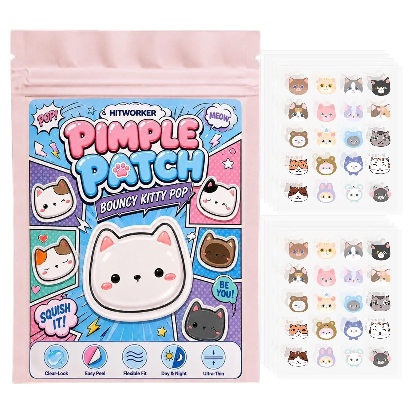 100pcs Cute Cat Pimple Patches, Hydrocolloid Spot Cover Stickers, Ultra Thin Easy Peel Face Patch for Day Night