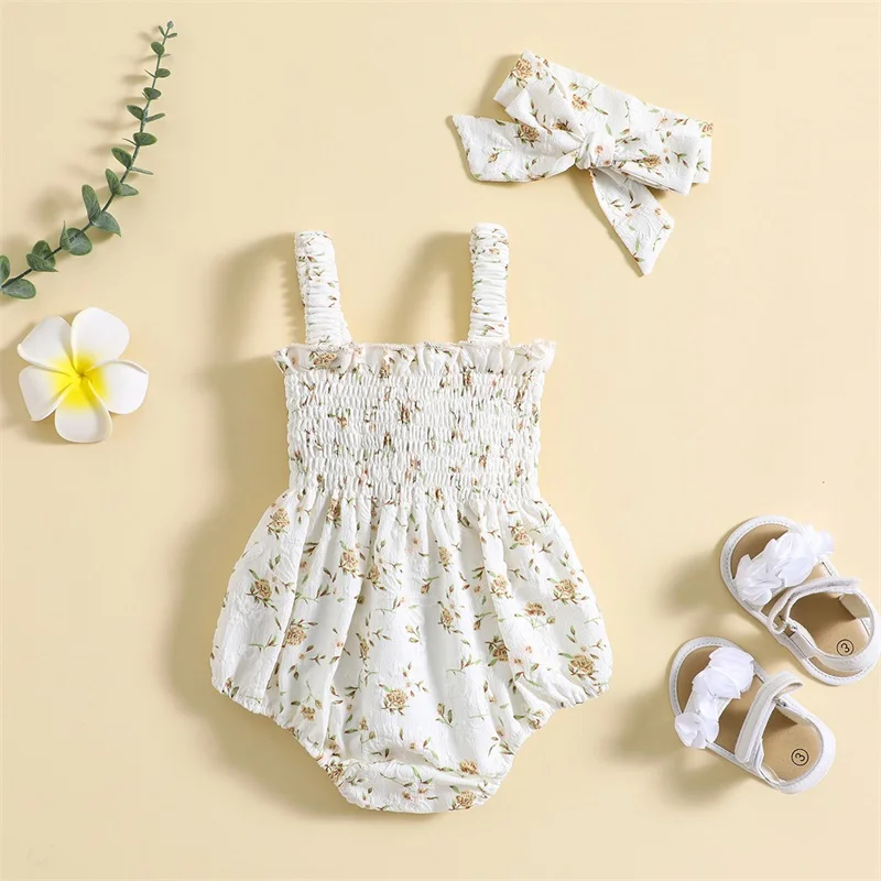 Newborn Baby Girls Romper Summer Sleeveless Pleated Flower Print Romper with Hairband Casual Outfit