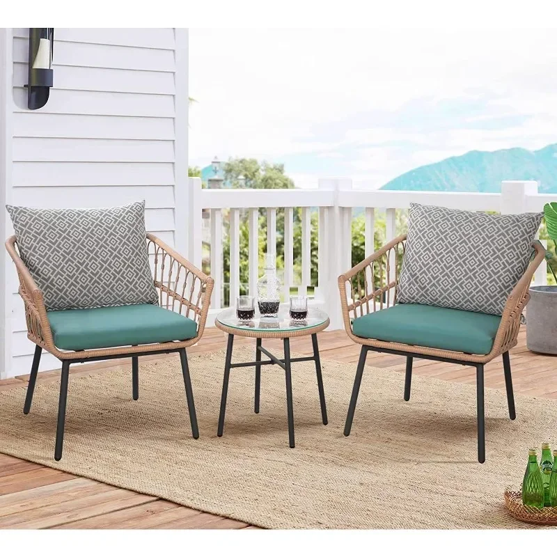 3 Piece Patio Bistro Set Outdoor Furniture All-Weather Wicker Conversation Set with Tempered Coffee Table and Wicker