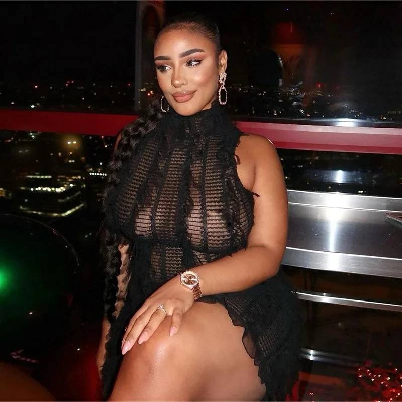 DSMTRC Personality Fashion Sexy Club Women Sleeveless See-through Mini Dress Black Patchwork O-neck Pullover Skinny Vestidos New