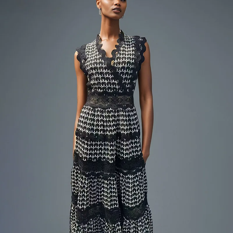 

Retro Patchwork Hollow Out Dresses Spring Women Slim Sleeveless Big Swing Dress Summer High Waist Solid Zipper Knee Length Dress