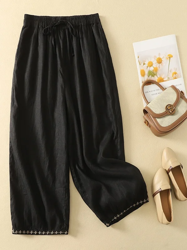 Pantalon lanterne artistique en coton et lin pour femmes, grande taille, Dstring, taille élastique, décontracté, amincissant, neuf pièces, été