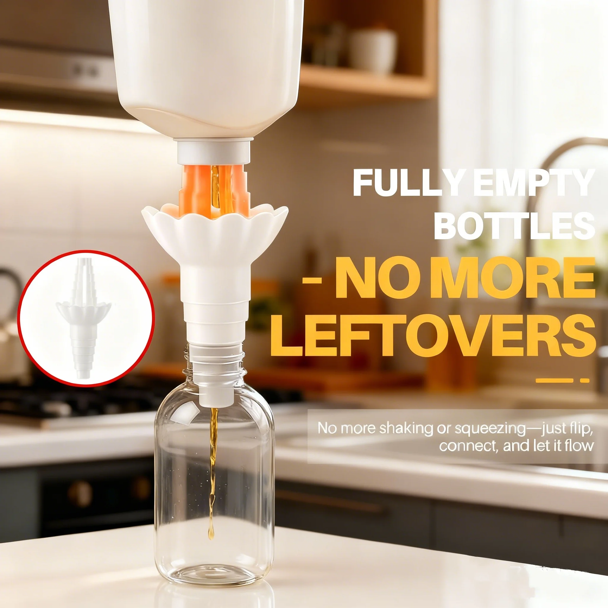 Universal Bottle Emptying Kit, Reusable Liquid Transfer Connector with Funnel Adapter for Bathroom & Kitchen