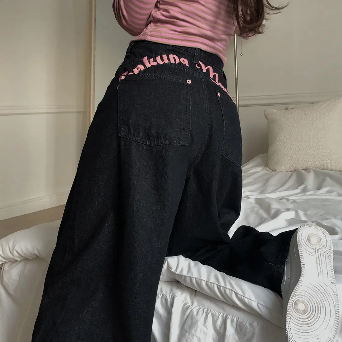 GG High Waist Bastitch Letter Print Denim Jeans Women's Summer New Sle Sweet Cool Spicy Girl Trendy Long Pants