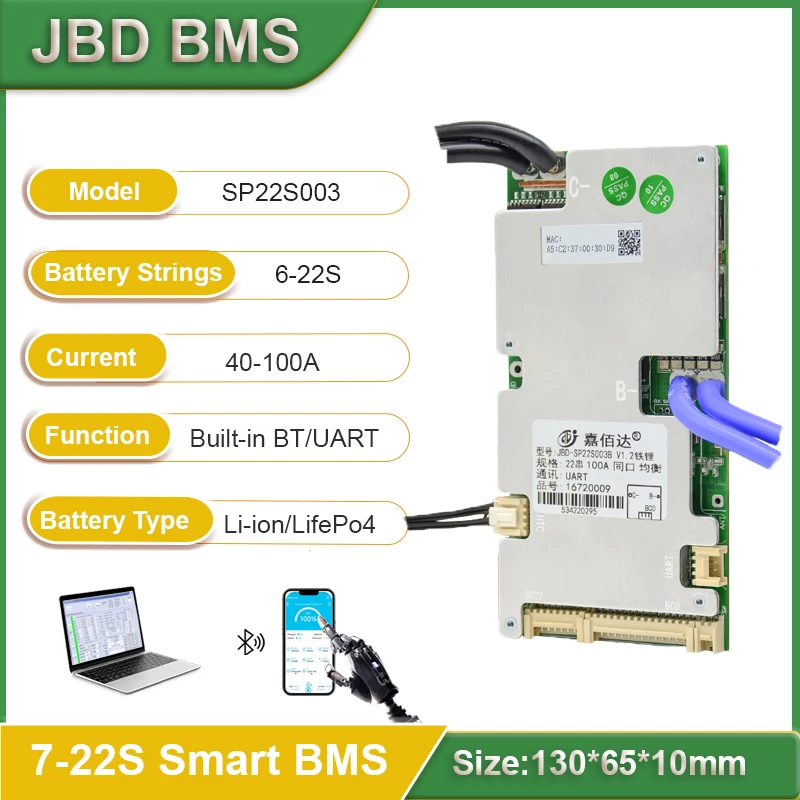 JBD Smart BMS 6S 8S 10S 12S 14S 15S 16S 18S 20S 21S 22S Li-ion BMS Lifepo4 100A 80A 50A 40A 24V 36V 48V 60V Built-in BT With NTC