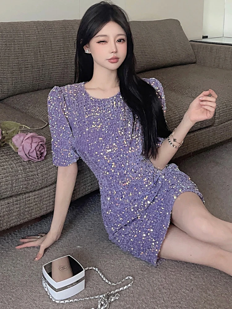Zomer paarse pailletten mini-jurk met korte mouwen 2025, Koreaanse vintage luxe party vestidos vrouwen elegante bodycon party night dress