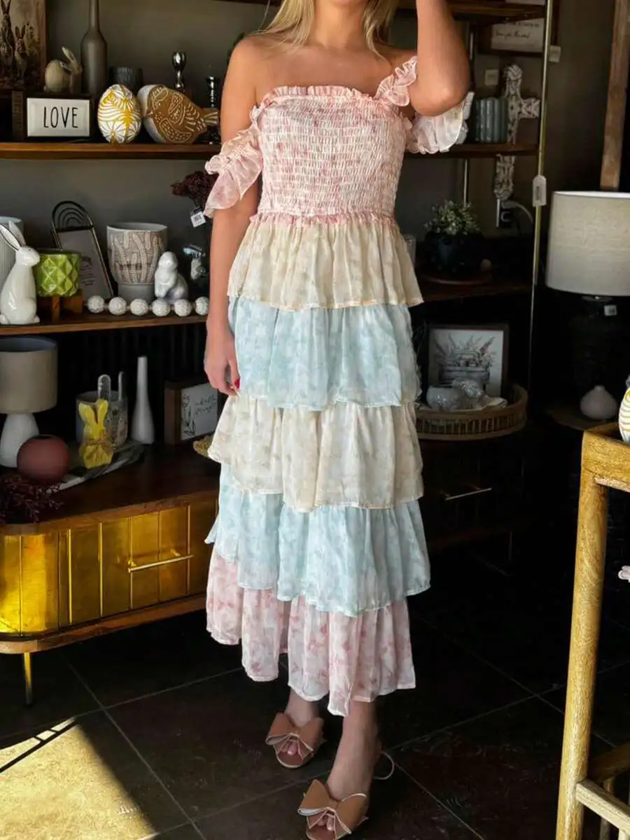 

Womens Summer Chiffon Off Shoulder Tiered Floral Print A-Line Long Dress