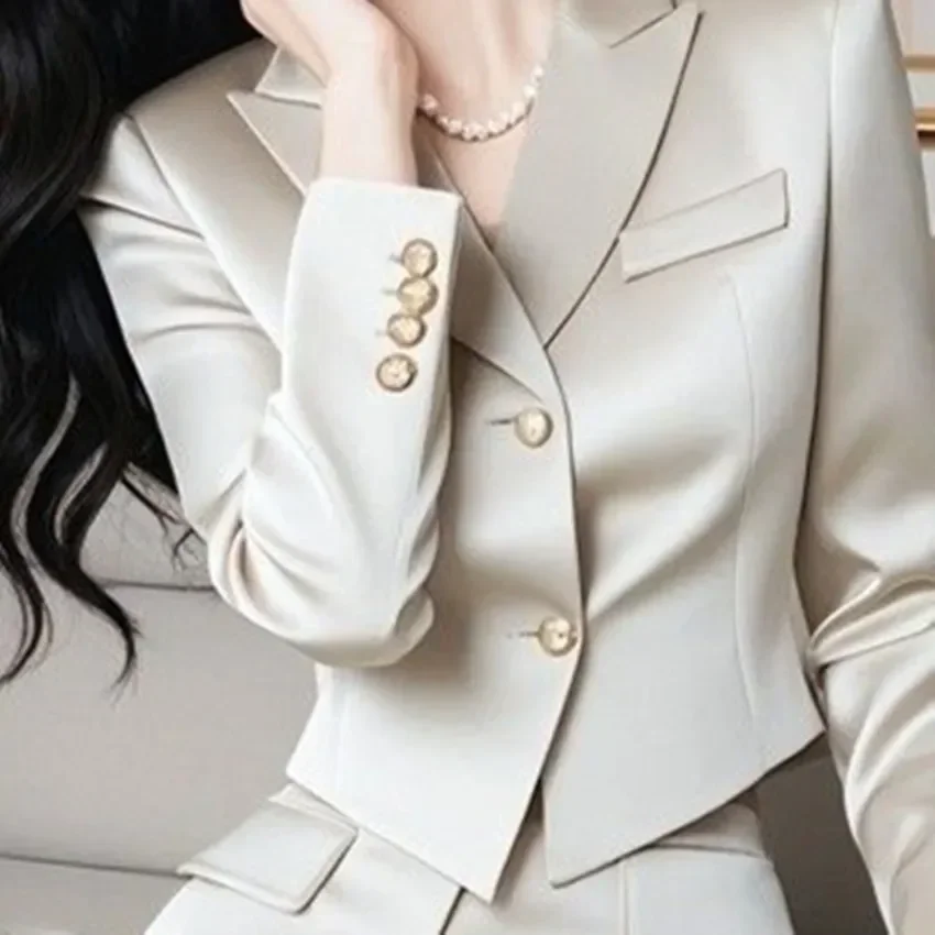 New Franch Luxury Fashion Two Piece Sets Women Elegant Notched Collar Short Blazer + High Waist Wide Leg Pants Women\'s Suit OL