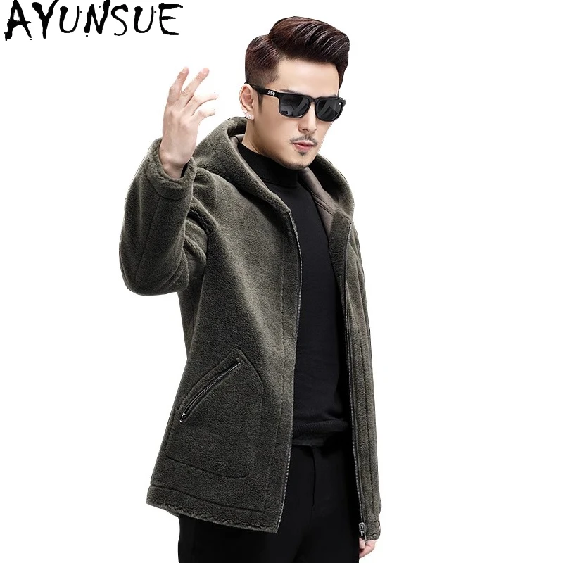 

AYUNSUE мужские пальто из 100% шерсти с капюшоном, зимняя двусторонняя повседневная куртка для стрижки овец, мужское шерстяное пальто средней длины Chaqueta Hombre