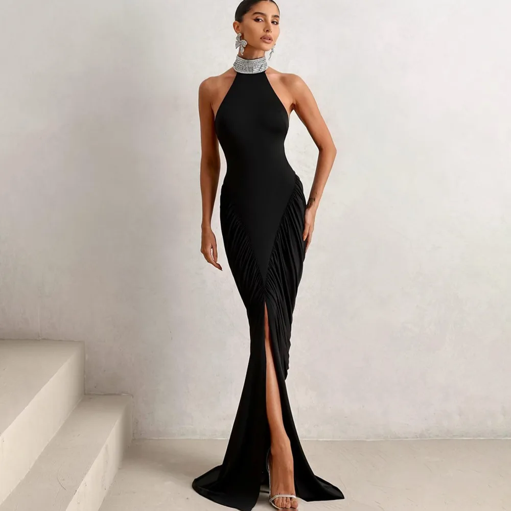 Blifanbo moda Halter espalda descubierta Sexy Maxi vestido elegante plisado cintura alta Split ceñido al cuerpo fuera del hombro Club vestido de fiesta