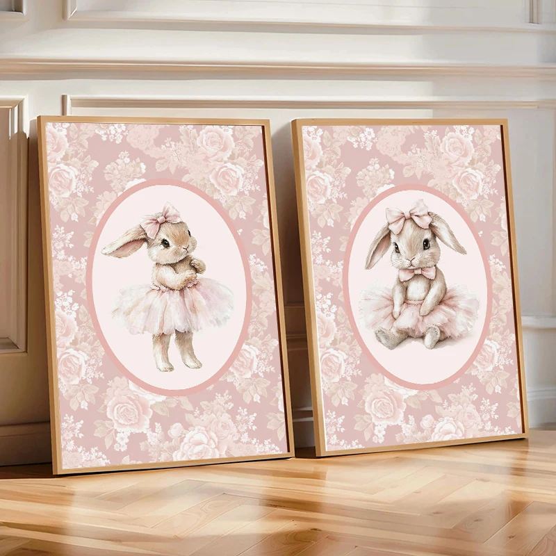 2026 Pink Bunny Ballerina Ballet Shoes Bow Poster Canvas Painting Print Vintage Floral Girl Nursery Home Decor Cuadros