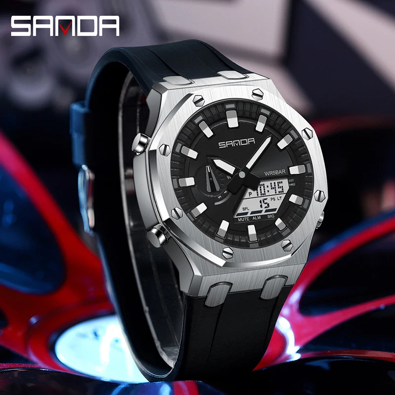 SANDA 3309 New Men's Watch Electric Multi-Function Fashion Trend Outdoor Luminous Alarm Clock Waterproof Shockproof Male Watches