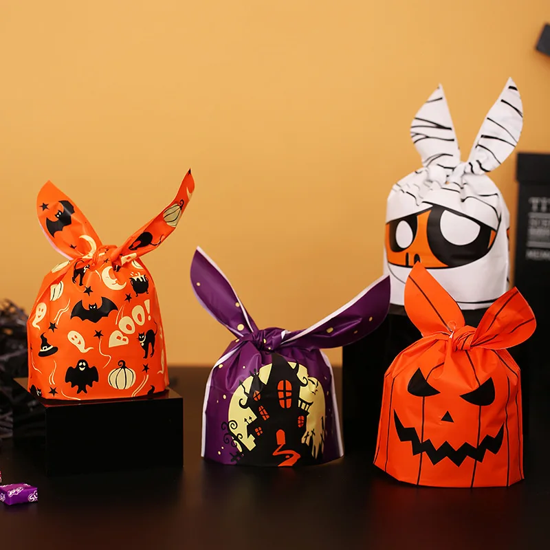 Halloween Bunny Ear Candy Gift Bags Pumpkin Ghost Haunted House Mummy Print Plastic Treat Pouches Kids Trick Or Treat Party Cook