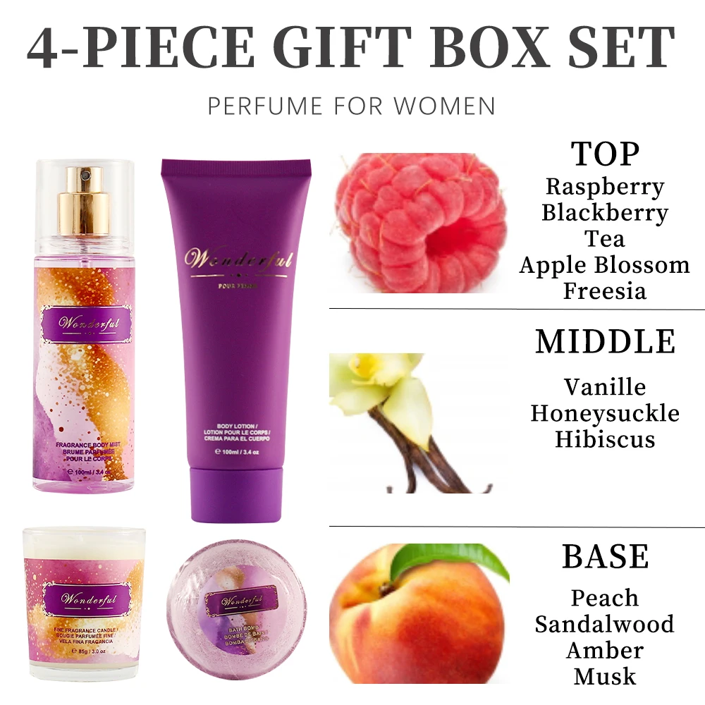 Women's Fragrance Sets 3.4fl.oz Body Mist, 3.4fl.oz Body Lotion, 3oz Candle and 2oz Bath Bomb 4 Pcs WONDERFUL Gift for Women