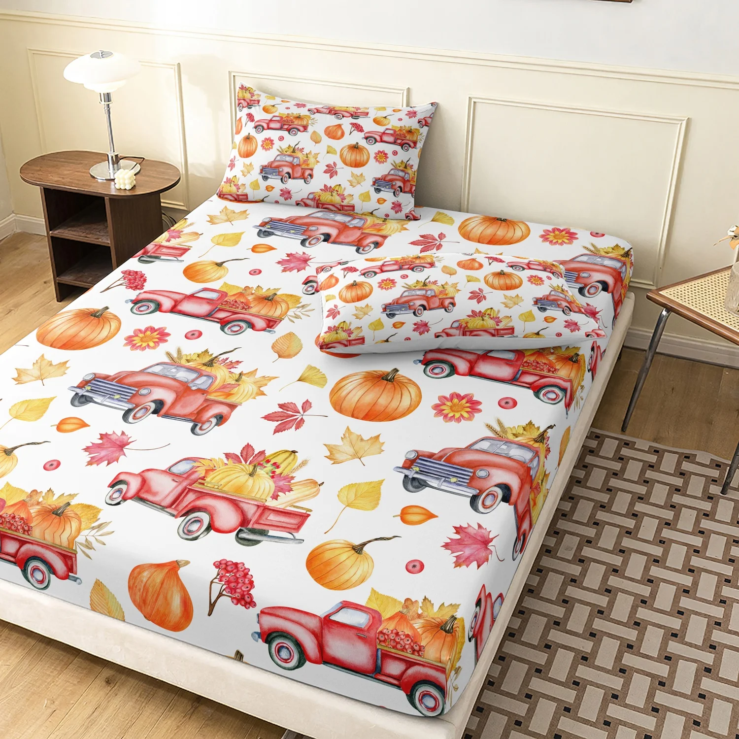 3 Pieces Vintage Red Truck Pumpkin Maple Leaf Print Fitted Sheet Set, Watercolor Autumn Harvest Floral Berry Print Bedding