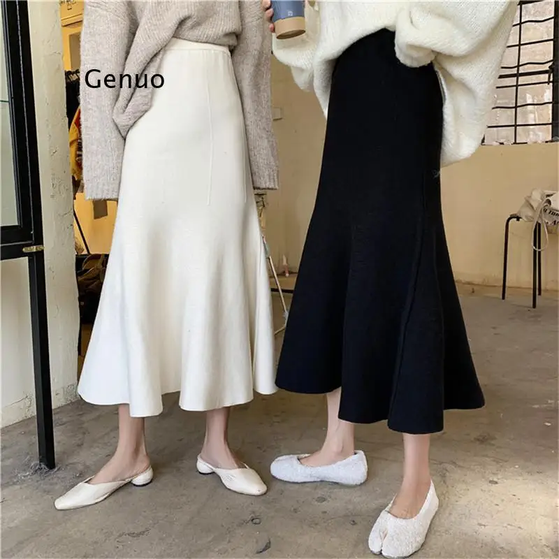 

Elegant Solid Women Midi Skirts Loose High Waist Hip Slim Knit Skirt Casual Fishtail Skirt Office Lady Work Wear