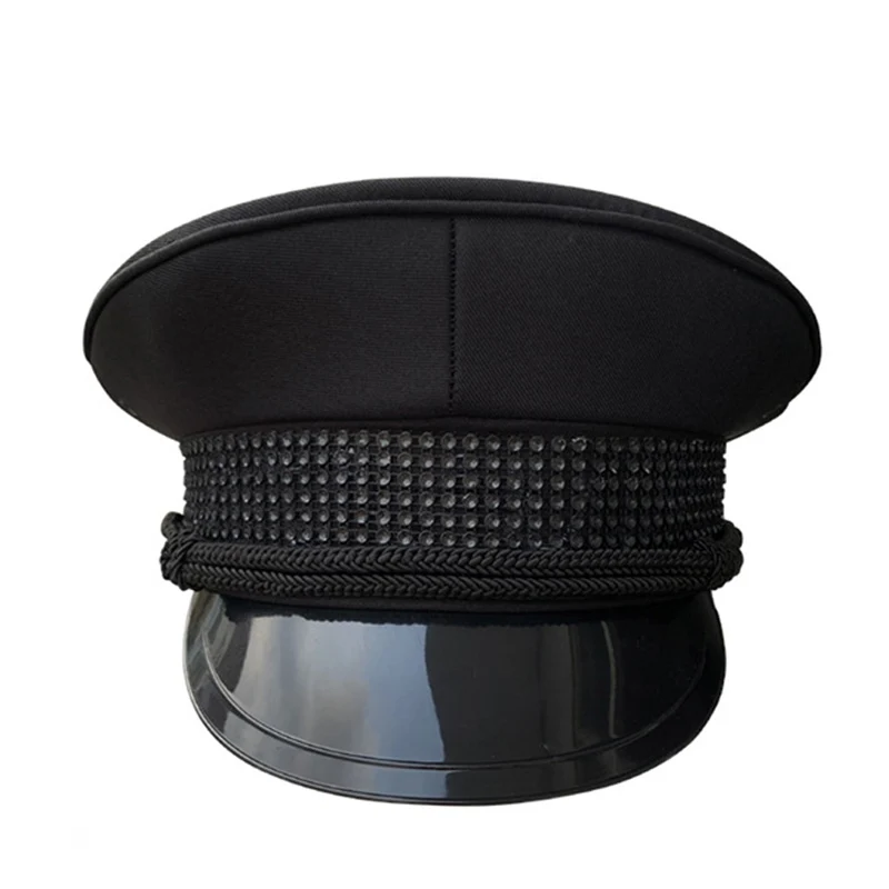 Women Men Black Military Hat Police Sergeant Sailor Cap Prom Performance Bar Cosplay Show Captain Hat Party Cos Accessories