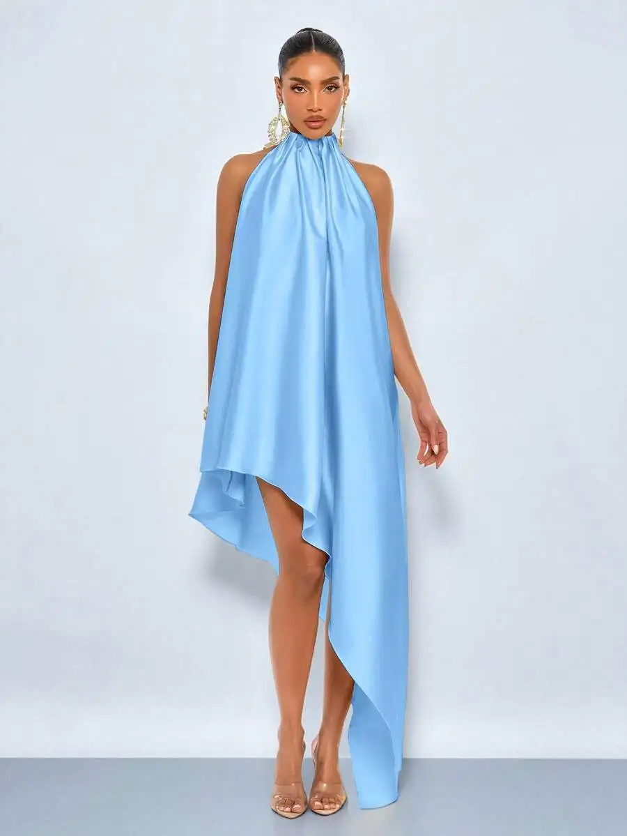 

Light Blue Sleeveless Halter Neck Asymmetrical Maxi Dress Satin Elegant Party Resort Wear